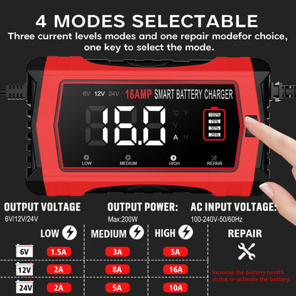 HTRC 16A Autobatterie Ladegerät 6V/12V/24V für Auto, Motorrad, Boot