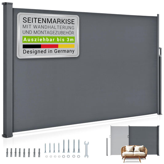 Juskys Seitenmarkise Dubai blickdicht - 200x300 cm Grau: Blickdichte, graue Seitenmarkise für Sicht- und Windschutz auf Terrasse oder Balkon.