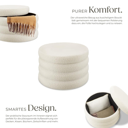 tectake® XL Scandi Stauraum Hocker Pouf – Bouclé Creme-weiss