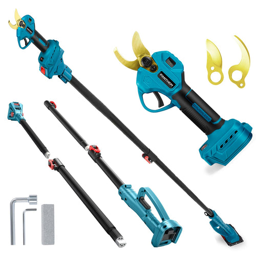 Makita 18V kompatible Akku Teleskop Astschere 2in1 – ohne Akku. Blaue Teleskop-Astschere zum kabellosen Schnitt hoher Äste.