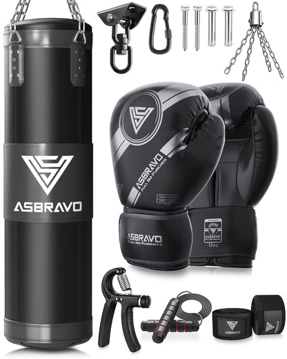 ASBRAVO Boxsack 4ft ungefüllt Trainingsset – Schwarz
