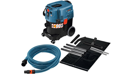 Bosch Professional Nass-/Trockensauger GAS 35 M AFC 35L. Blaues Gerät, saugt nass/trocken Staub/Flüssigkeiten mit AFC.