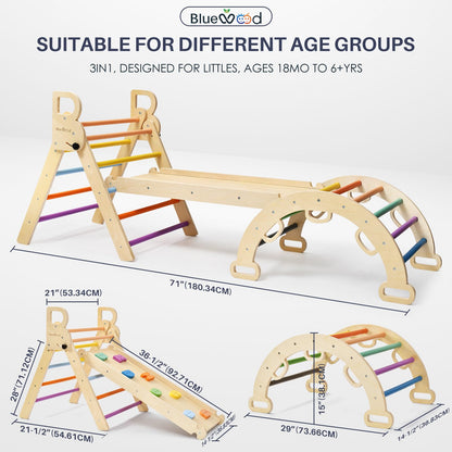 BlueWood 3-in-1 Montessori Indoor Kletterdreieck Set - Regenbogen
