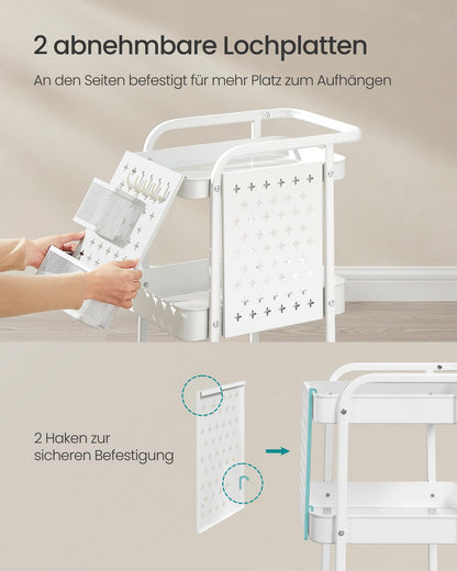 SONGMICS Rollwagen Servierwagen mit 3 Ablagen, Hängekörben, weiss