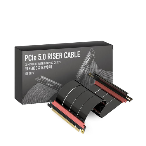 LINKUP AVA5 PCIe 5.0 Riser-Kabel x16 Rechter Winkel 20cm Schwarz. Schwarzes 20cm x16 Riser-Kabel, 90-Grad-Winkel für vertikale PCIe 5.0 GPU-Montage.