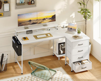 ODK Eckschreibtisch L-Form 140x80cm - Schubladen, USB, Weiss