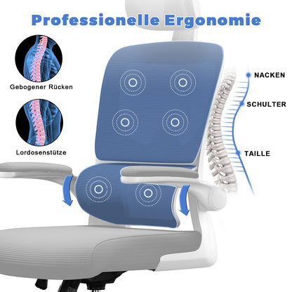 naspaluro Bürostuhl, Ergonomischer Schreibtischstuhl mit Verstellbarer Kopfstütze, Armlehnen, Dynamischer Lordosenstütze, Drehstuhl mit Atmungsaktivem Netzbezug für das Home Office,Grau
