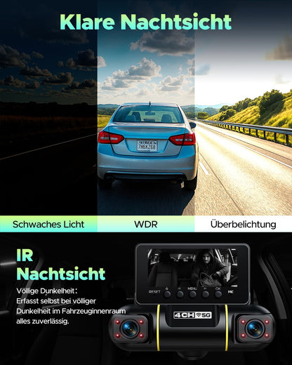 LAMTTO Dashcam 4-Kanal Auto Kamera Vorne Hinten Innen WiFi