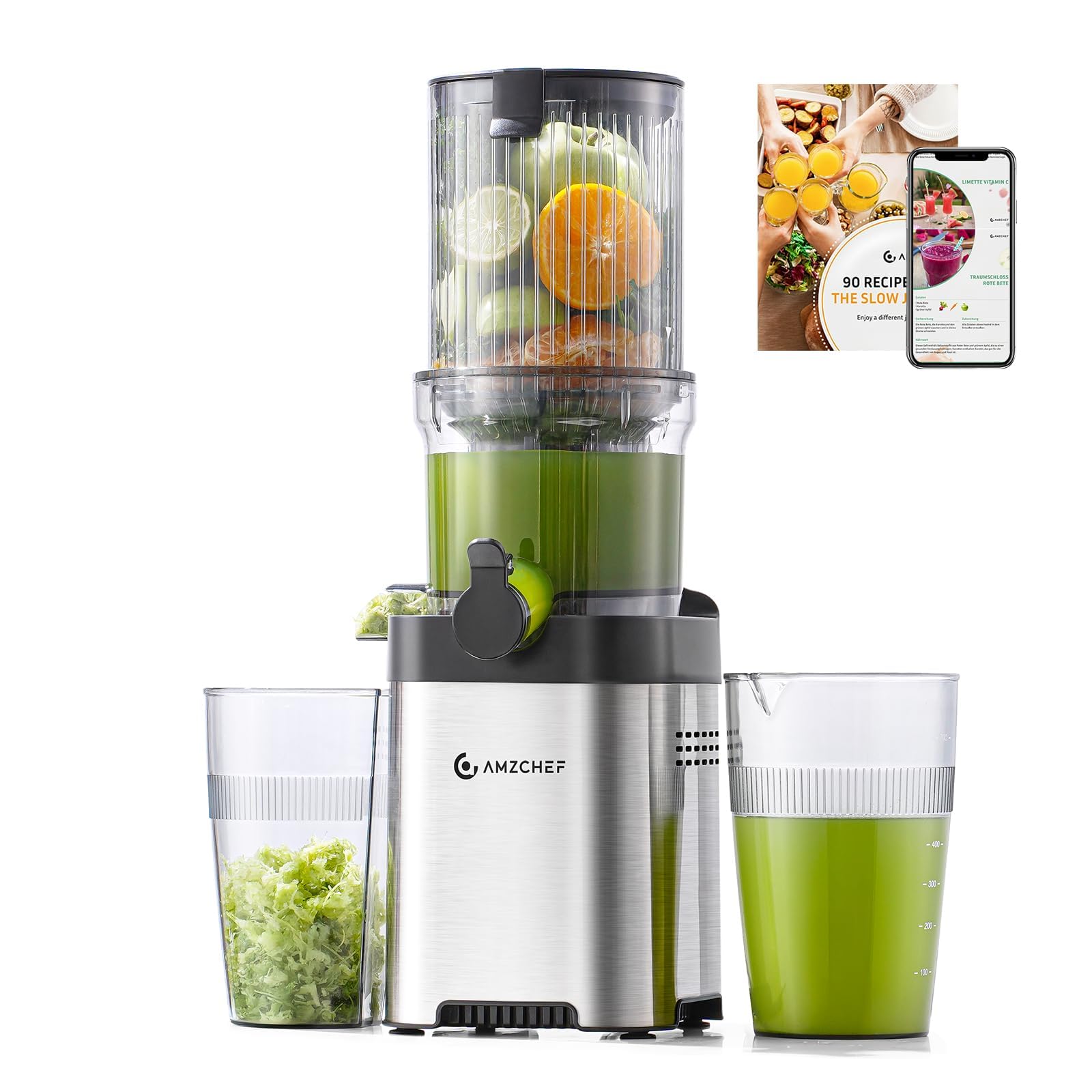 AMZCHEF Slow Juicer 1902M – Entsafter mit 120 mm Einfüllschacht, silbernes Edelstahlgehäuse