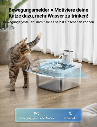 DownyPaws Katzenbrunnen kabellos, 2,5 L mit Bewegungsmelder