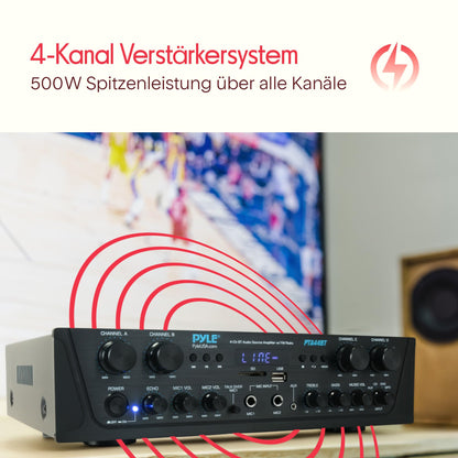 Pyle 500W Bluetooth Verstärker 4-Kanal Stereo Receiver mit FM-Radio