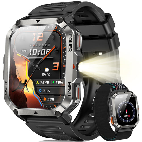 Blackview Smartwatch Herren mit Kompass, LED-Licht und 2 Armbändern, TFT-Farbdisplay und Metallrahmen