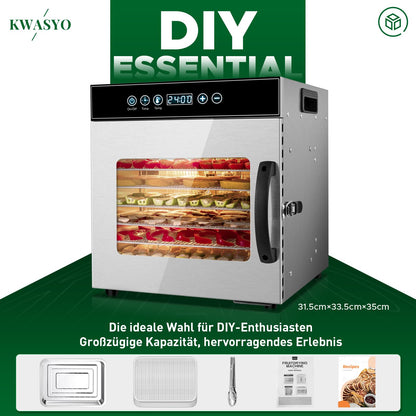Kwasyo Dörrautomat Edelstahl – 8 Etagen, für Obst & Fleisch