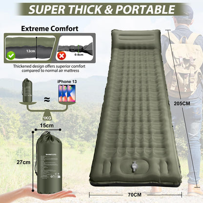 WARMTUYO Isomatte Camping 12 cm, aufblasbar mit Fusspumpe und Kissen