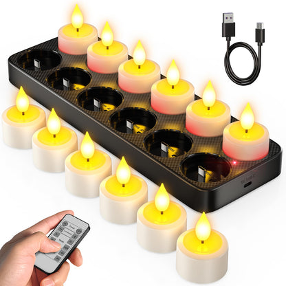 SoulBay LED Teelichter wiederaufladbar, 12 Stück mit Fernbedienung, Ladestation und USB-C Kabel