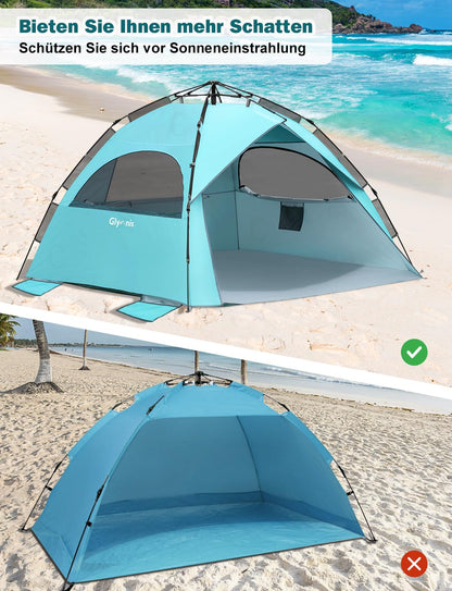 Glymnis Quick Up Strandzelt mit UV-Schutz 50+, blau, für 4-6 Personen