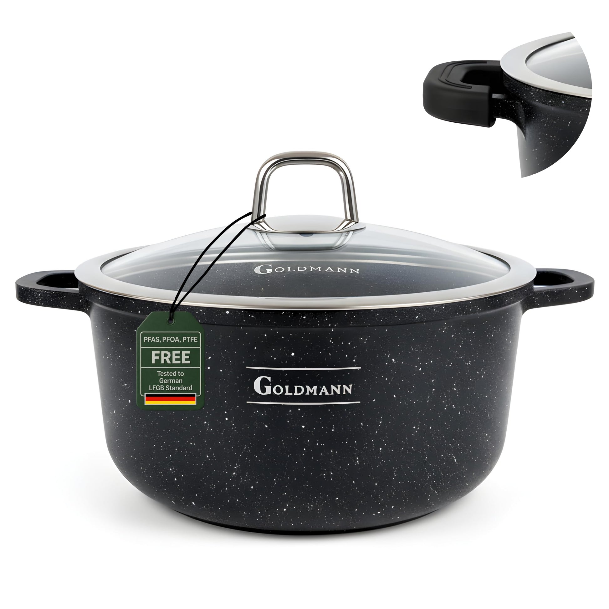 GOLDMANN Kochtopf Aluminiumguss, 28 cm, 6,5 L, Glasdeckel, Induktion in Schwarz mit Silikongriffen