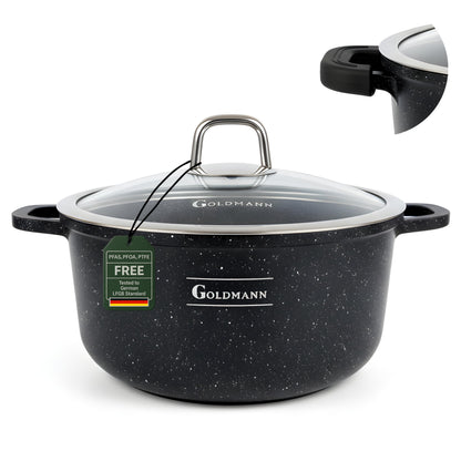 GOLDMANN Kochtopf Aluminiumguss, 28 cm, 6,5 L, Glasdeckel, Induktion in Schwarz mit Silikongriffen