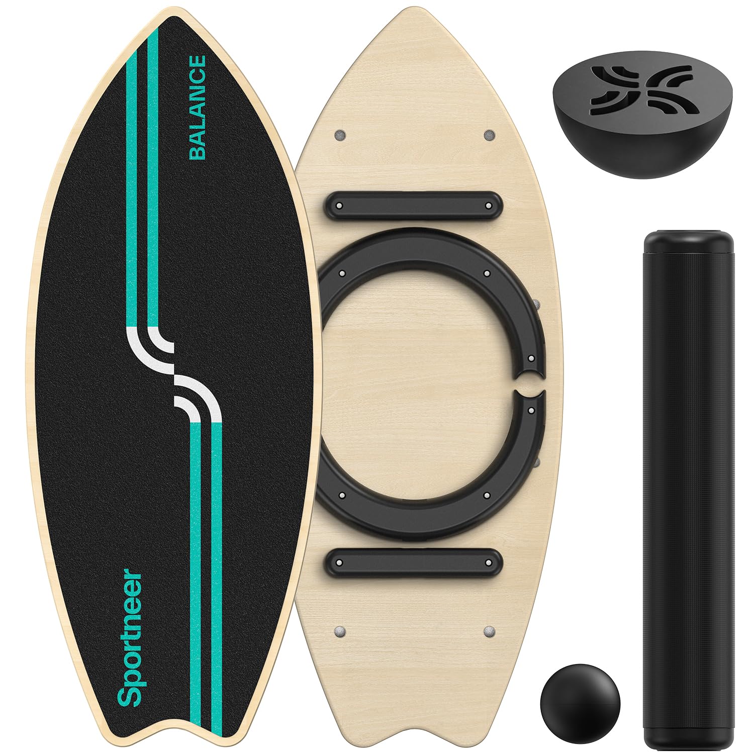 Sportneer Surfin Balance Board 8-in-1 aus Buchenholz, bis 200 kg – Holzboard mit Rolle, Gummiball und Halbkugel