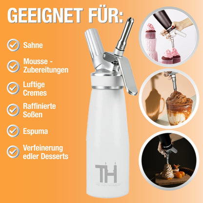 Thiru Sahnespender 500 ml mit 3 Edelstahltüllen, Schneeweiss