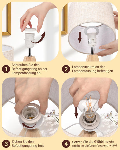 EDISHINE LED Nachttischlampe Holz 2er Set mit beigem Leinenschirm