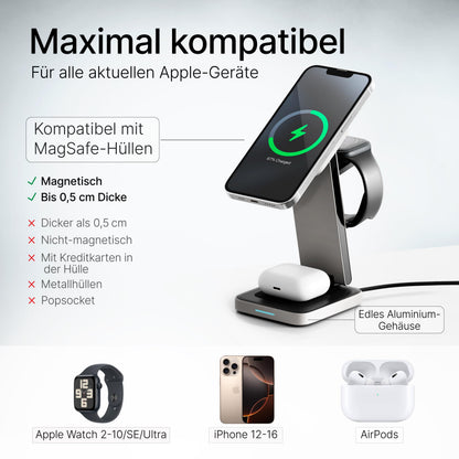 TEGLER MagSafe Ladestation Aluminium für iPhone, Apple Watch & AirPods