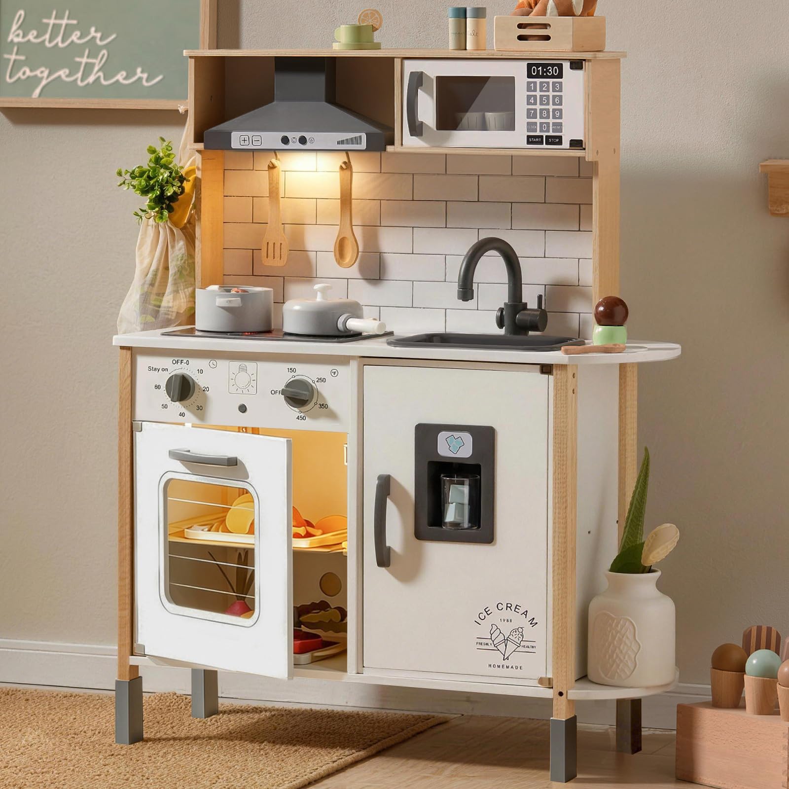 Tiny Land Kinderküche aus Holz mit Licht & Sound, 18-teilig, weiss, mit Mikrowelle und Eiswürfelspender