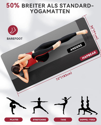 HAPBEAR Yogamatte XXL aus TPE, rutschfest, 183 x 91 cm, 6 mm
