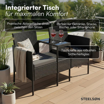 STEELSØN Velara Gartenbank mit Tisch, 2-Sitzer, Polyrattan, schwarz