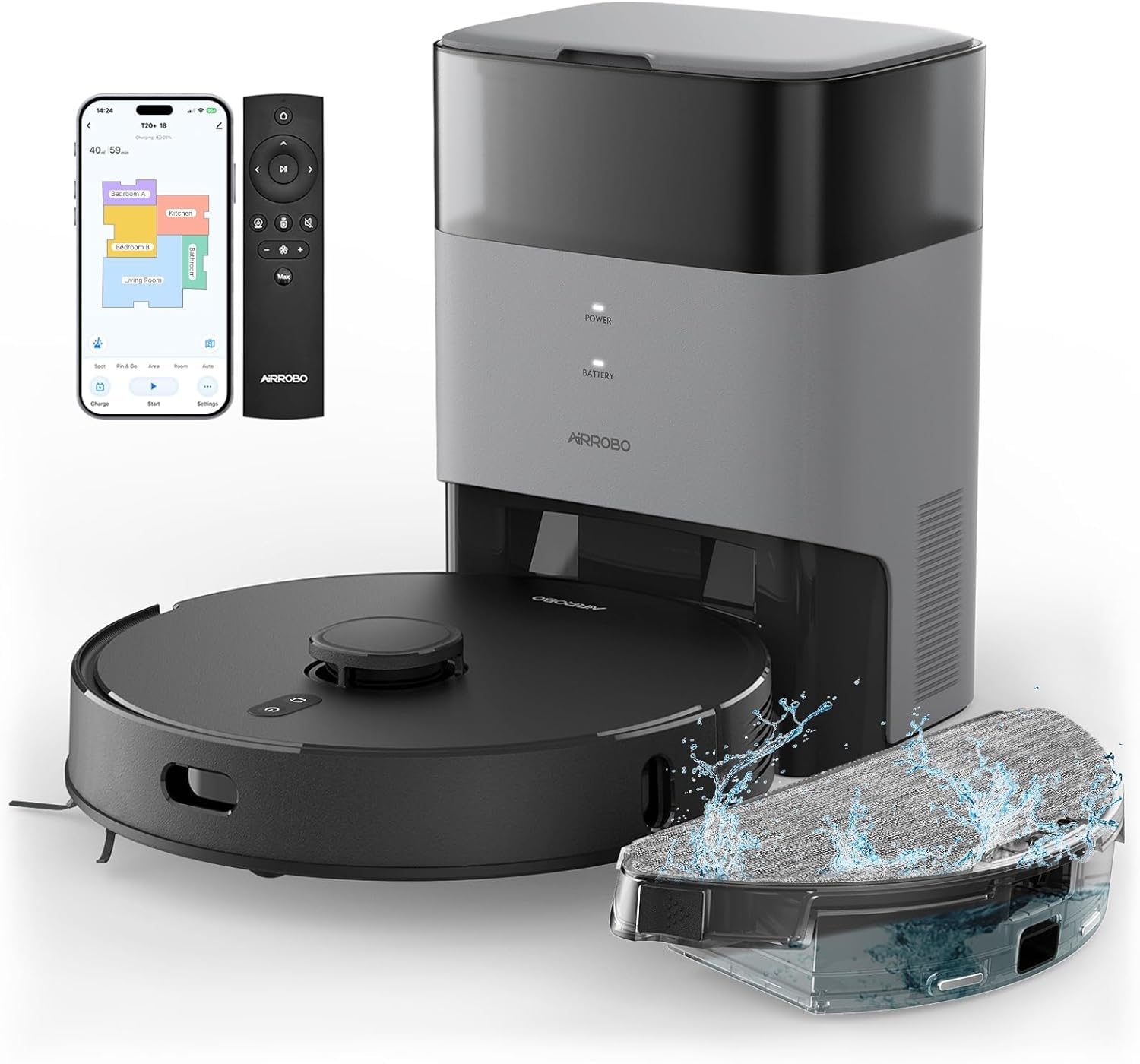 AIRROBO T20+ Saug- & Wischroboter mit Absaugstation: Runder, dunkler Roboter reinigt Böden; die hohe Station leert den Staubbehälter.