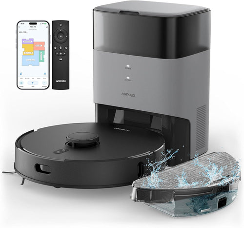 AIRROBO T20+ Saug- & Wischroboter mit Absaugstation: Runder, dunkler Roboter reinigt Böden; die hohe Station leert den Staubbehälter.