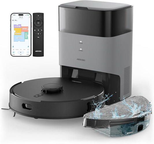 AIRROBO T20+ Saug- & Wischroboter mit Absaugstation: Runder, dunkler Roboter reinigt Böden; die hohe Station leert den Staubbehälter.