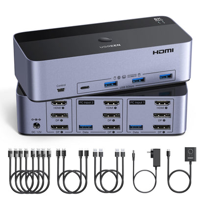 UGREEN KVM Switch HDMI DisplayPort 2 PC 3 Monitore 8K 60Hz AK704 mit Desktop-Controller