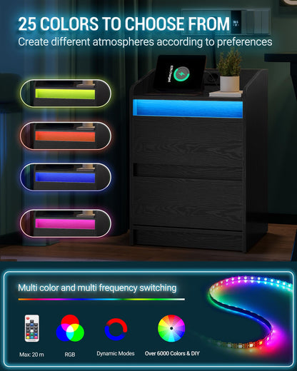 Hzuaneri NS30104X Nachttische 2er Set – LED Ladestation Schwarz