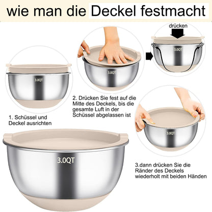 Terlulu Rührschüssel Set Edelstahl, 6-teilig mit Deckel, Khaki