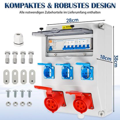 Warmfay Wandverteiler Baustromverteiler 3x 230V CEE 16A/32A FI/LS IP67
