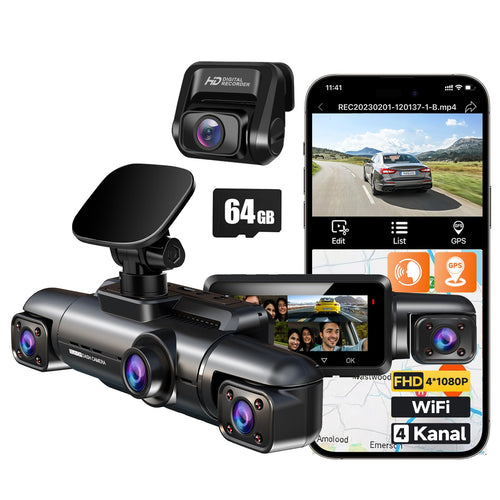 HUPEJOS 360° Dashcam Auto 4 Kanal FHD 1080P GPS WiFi Nachtsicht mit 3,18-Zoll-IPS-Display und vier Kameras