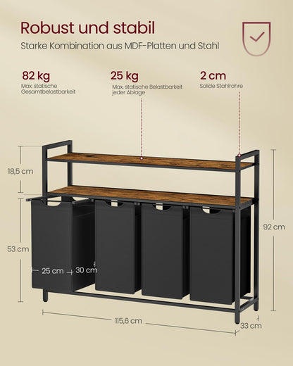 VASAGLE Wäschekorb 4 Fächer, 2 Ablagen - Vintagebraun-Schwarz BLH214B01