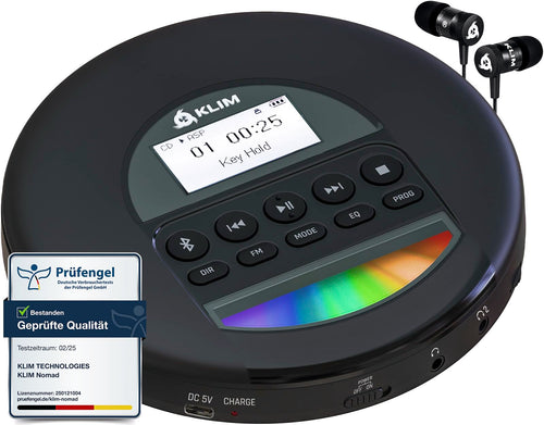 KLIM Nomad Tragbarer CD-Player mit Bluetooth und Kopfhörer – mobiler Discman mit Akku