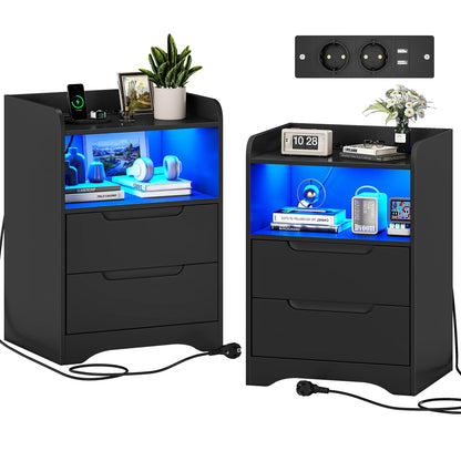 Brinlawb Nachttisch 2er Set mit Ladefunktion & LED, Schwarz. Schwarz, mit LED-Licht und Ladefunktion zur Ablage am Bett.