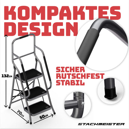 Sicherheitsleiter für Senioren 3 Stufen Klappbar – Handlauf Anthrazit