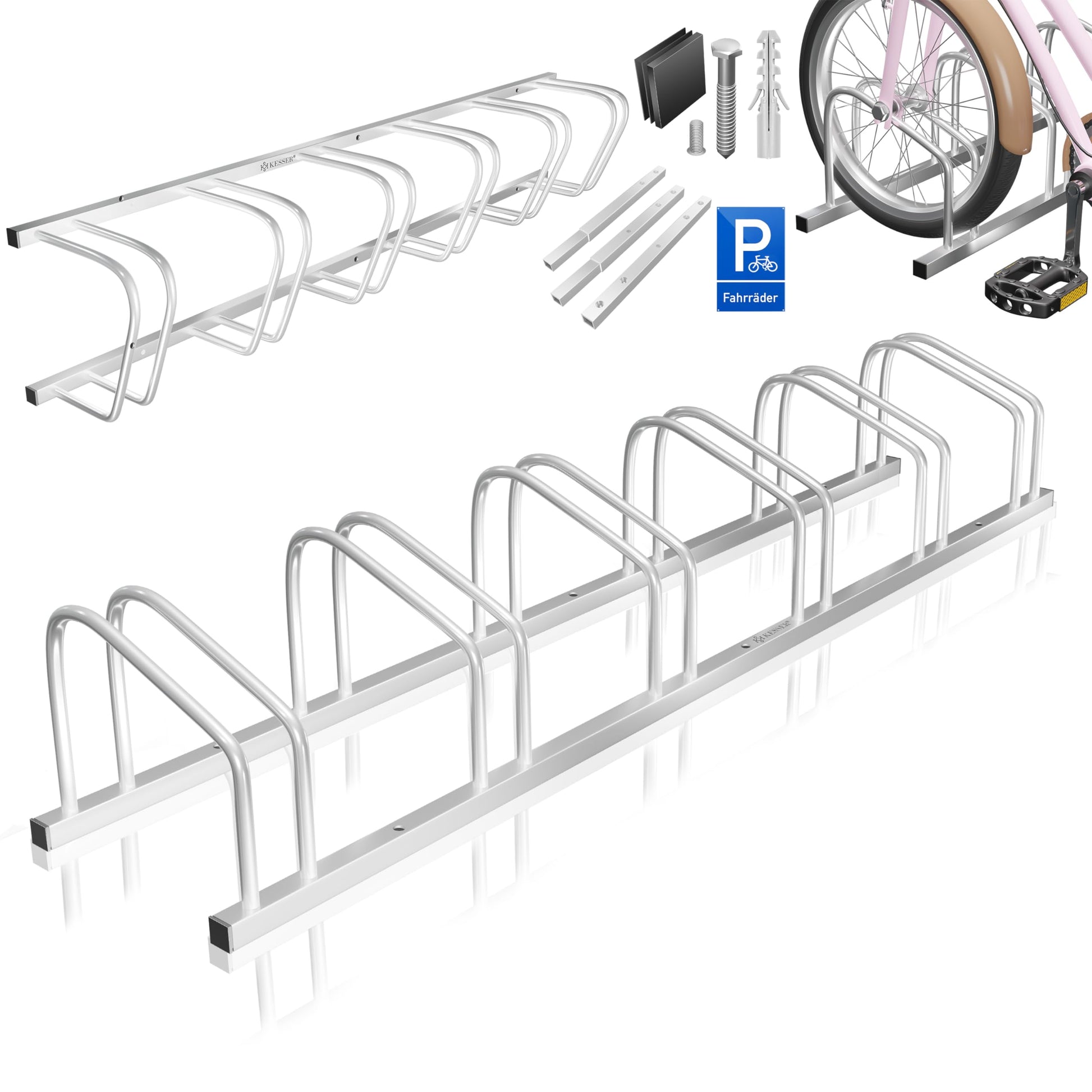KESSER Fahrradständer für 6 Fahrräder, Boden-/Wandmontage, Silber – Mehrfachständer aus verzinktem Stahl