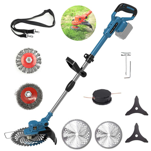 Akku Rasentrimmer Makita-kompatibel Bürstenlos – 5 Klingen, Blau. Blauer, kabelloser Rasentrimmer mit 5 Klingen zum Trimmen von Gras und Rasenkanten.