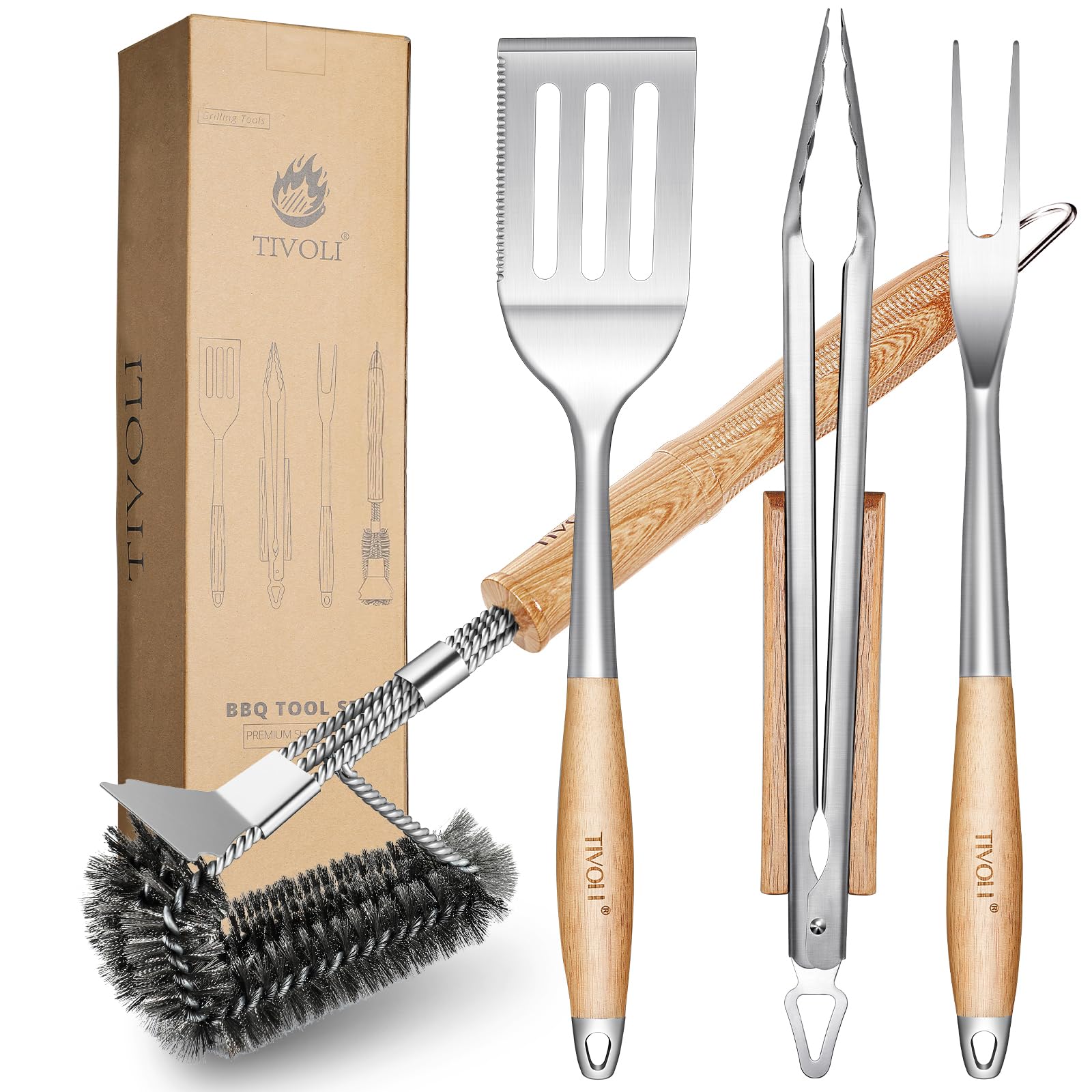 TIVOLI Grillbesteck-Set 4-teilig, Edelstahl mit Holzgriffen: Grillzange, Pfannenwender, Grillbürste und Grillgabel