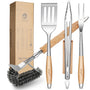 TIVOLI Grillbesteck-Set 4-teilig, Edelstahl mit Holzgriffen: Grillzange, Pfannenwender, Grillbürste und Grillgabel