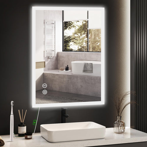 YOLEO LED Badspiegel 50x70cm – Dimmbar mit Steckdose. Rechteckiger Wandspiegel mit dimmbarer LED-Beleuchtung und integrierter Steckdose.