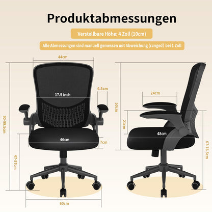 naspaluro Ergonomischer Bürostuhl - Mesh Schwarz, Armlehnen klappbar