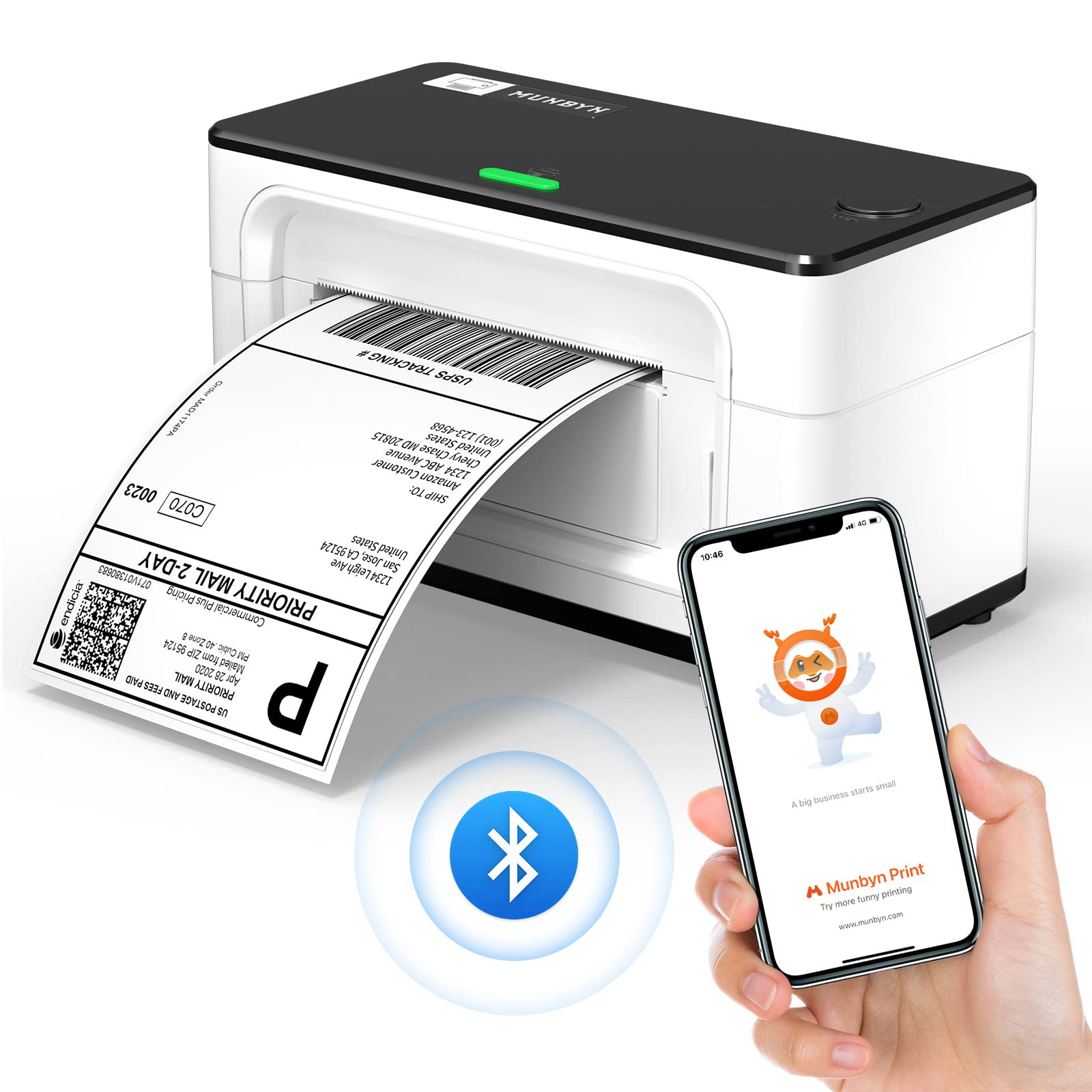 MUNBYN 941B Bluetooth Thermodrucker 4x6 Versand – Weiss: Weißer, kompakter Thermodrucker für kabellosen 4x6-Versandetikettendruck.