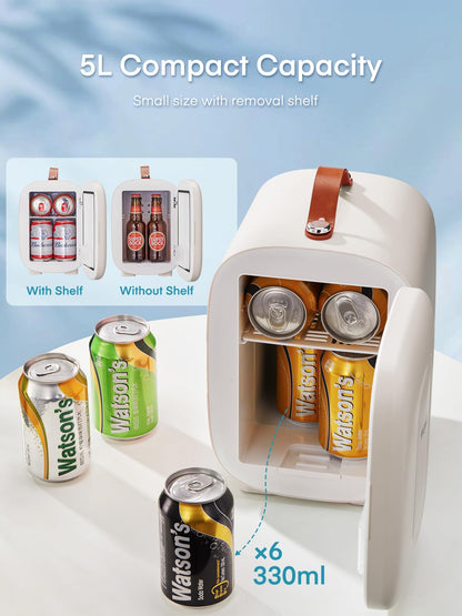 FOHERE Mini Kühlschrank 5 Liter, Kühl- und Wärmefunktion, 220V/12V, weiss, mit Ledergriff