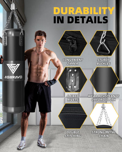 ASBRAVO Boxsack 4ft ungefüllt Trainingsset – Schwarz